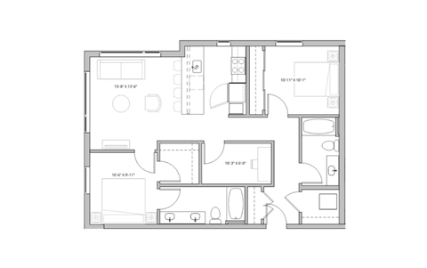floor plan of the apartment with bedroom and living room on the first floor